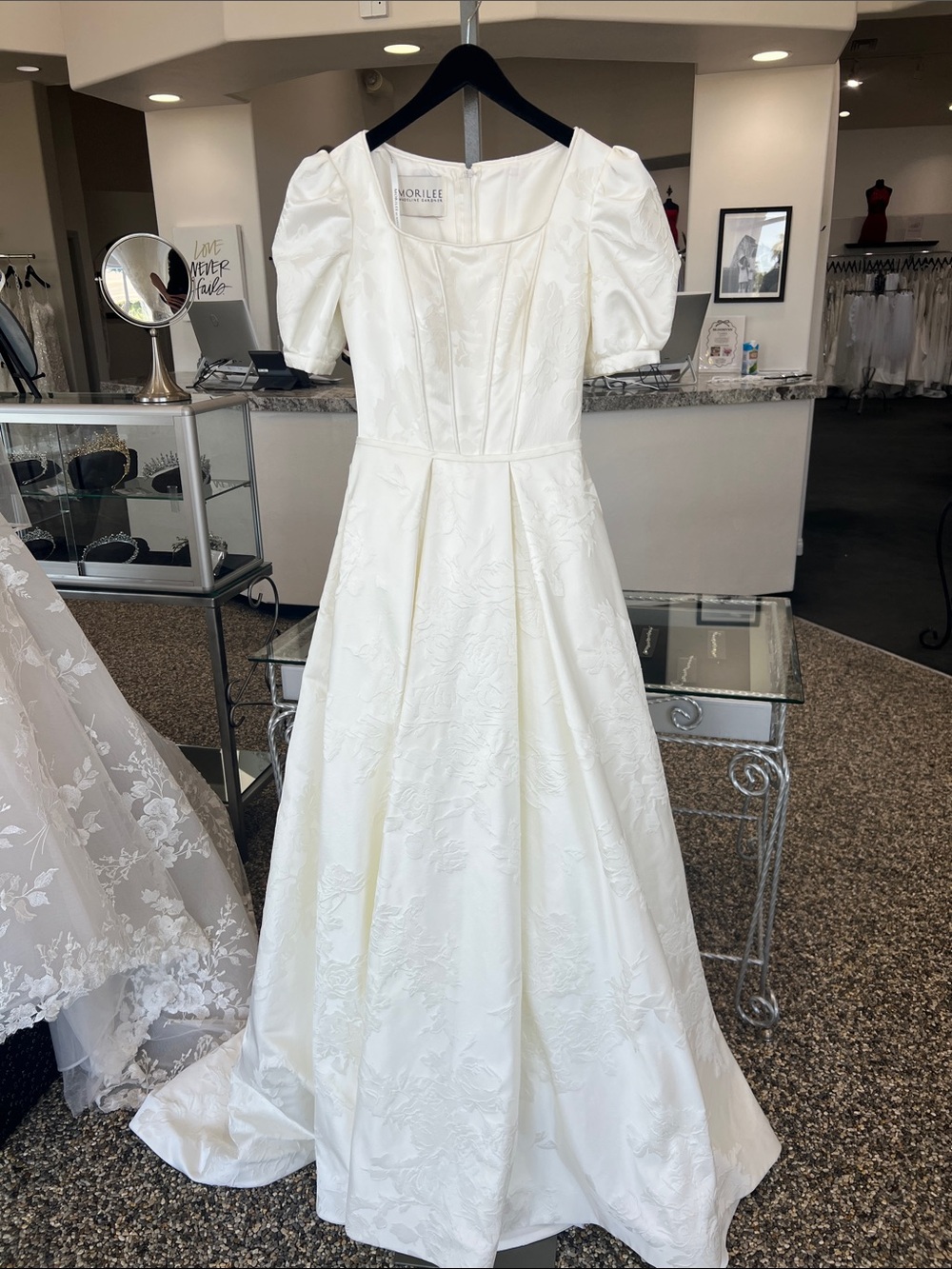 Mori Lee Puff Sleeve Floral A-Line Gown